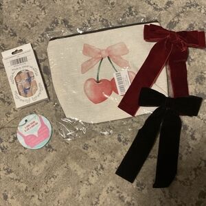 Friend Gift Set Acrylic Nails, Cherry Canvas Pouch, ornament, plus Bows